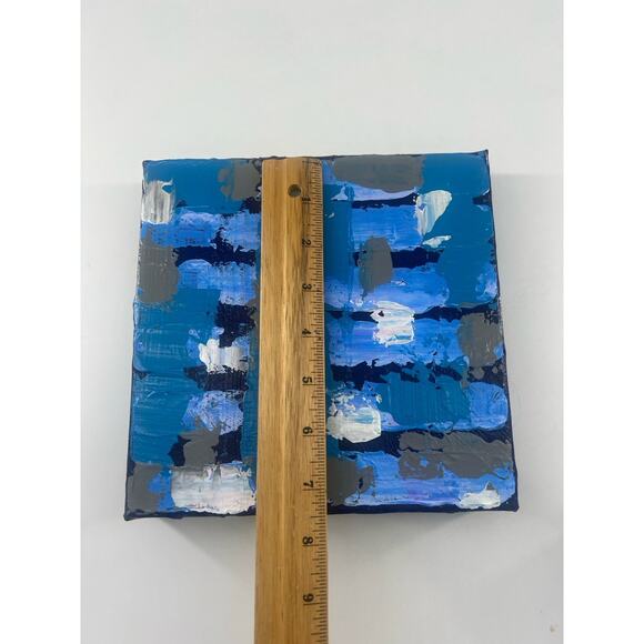 Handmade Acrylic Painting on Canvas Square Abstract Blue Gray 7.5"x8"x1.5" Art - Picture 5 of 12